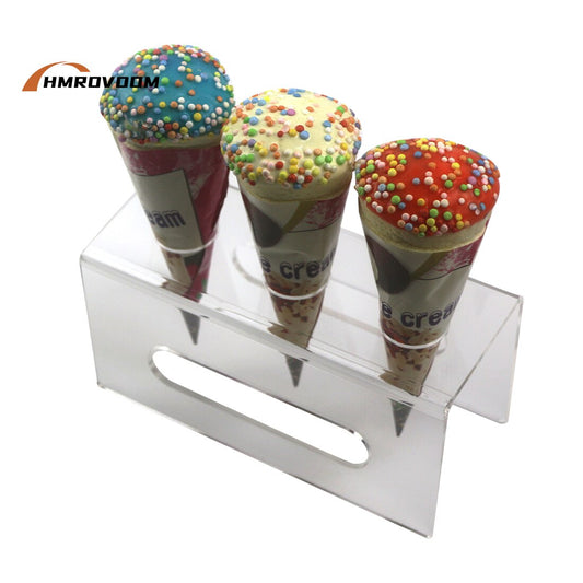 HMROVOOM 3 Holes Acrylic Ice Cream Cone Holder Stand With Armrests / Acrylic Ice Cream Crisp Tube Cone Holder