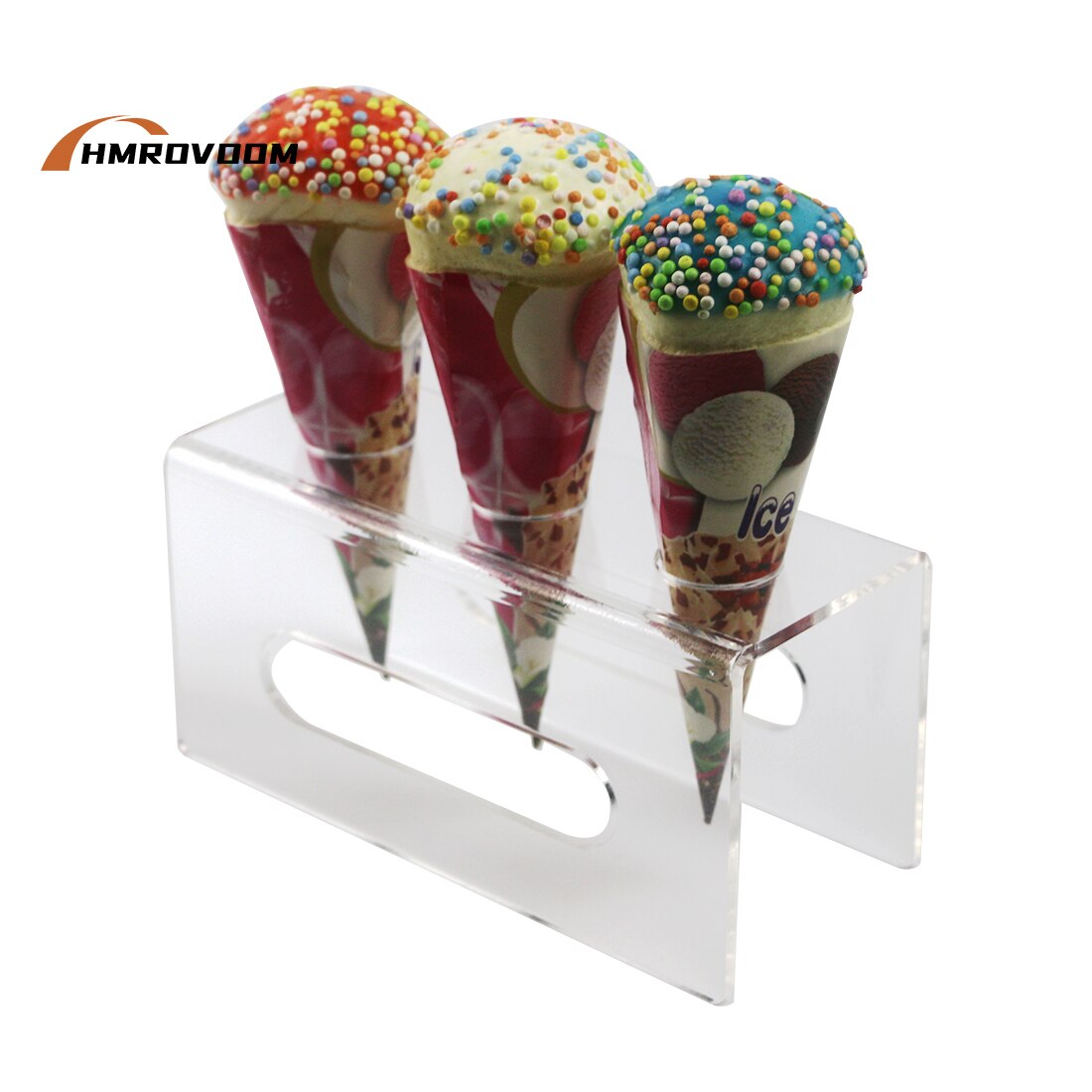 HMROVOOM 3 Holes Acrylic Ice Cream Cone Holder Stand With Armrests / Acrylic Ice Cream Crisp Tube Cone Holder