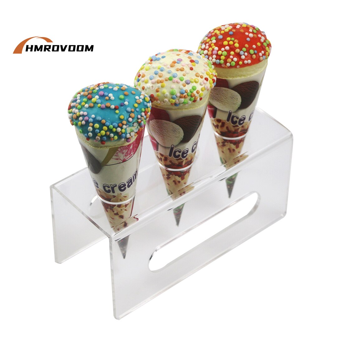 HMROVOOM 3 Holes Acrylic Ice Cream Cone Holder Stand With Armrests / Acrylic Ice Cream Crisp Tube Cone Holder