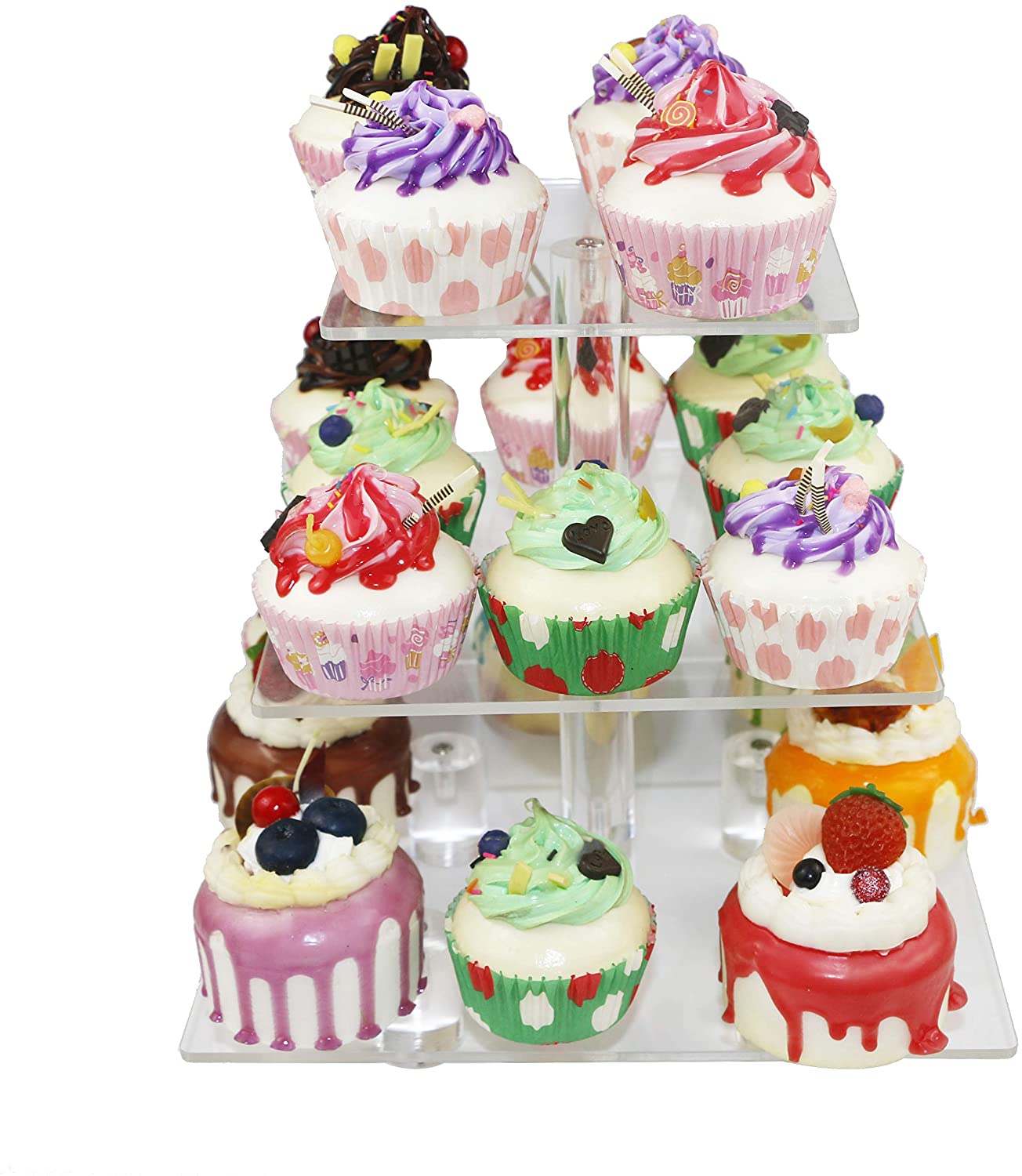 HMROVOOM Square Acrylic Cupcake Stand Display Rack Holder (3 Tier Square with base (4" between 2 layers))