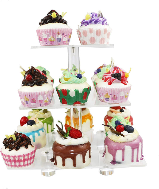 HMROVOOM Square Acrylic Cupcake Stand Display Rack Holder (3 Tier Square with base (4" between 2 layers))