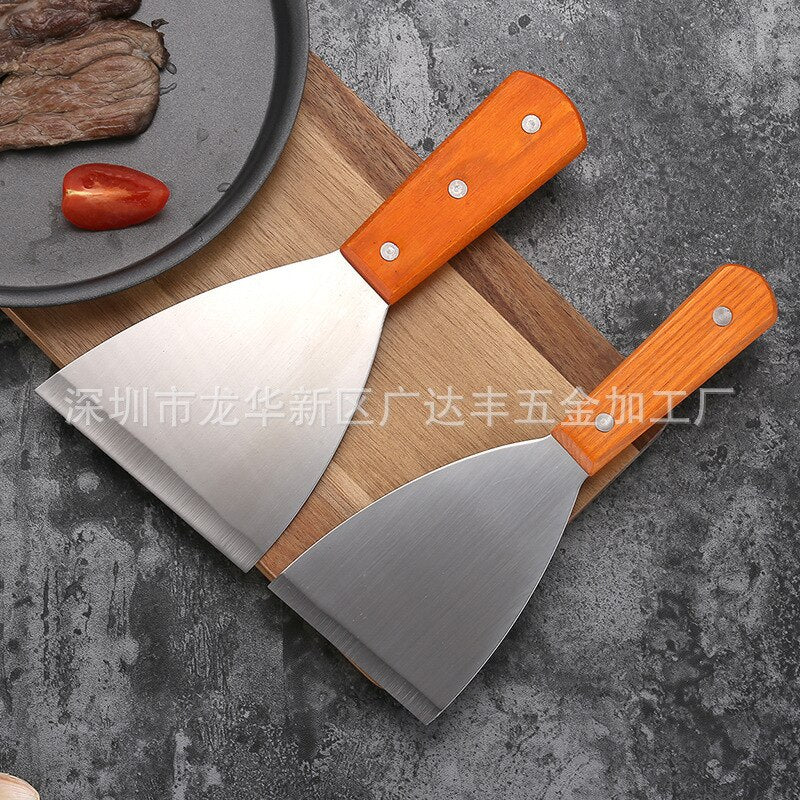 HMROVOOM Cooking shovel, wooden handle, stainless steel blade, iron plate steak pie, fry barbecue