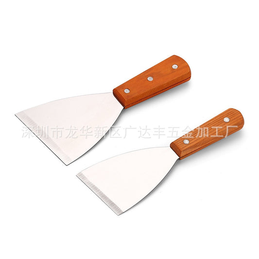 HMROVOOM Cooking shovel, wooden handle, stainless steel blade, iron plate steak pie, fry barbecue