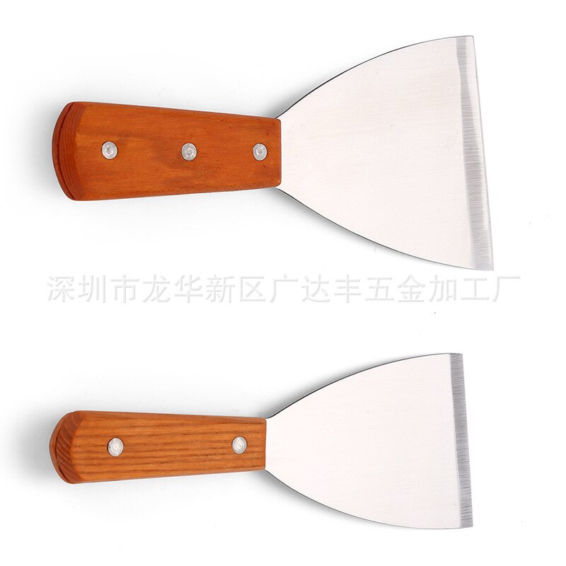 HMROVOOM Cooking shovel, wooden handle, stainless steel blade, iron plate steak pie, fry barbecue